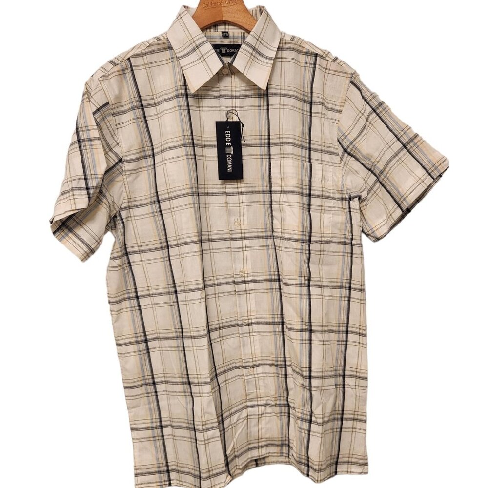 Eddie Domani Button Up Shirt White Blue Plaid‎ Short Sleeve 16.5 NEW NWT